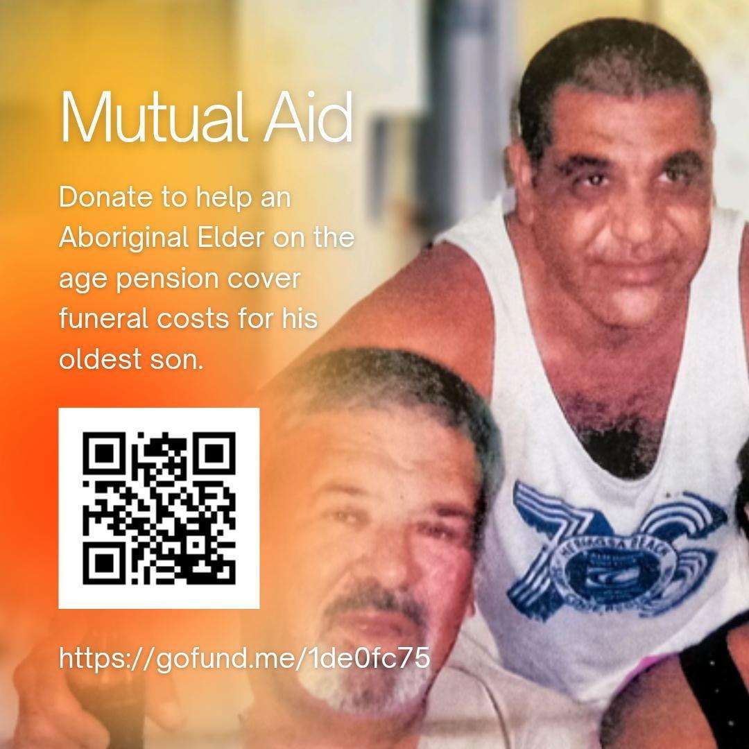 Background image of 2 Indigenous people, with some orange-yellow gradient colour blob covering the left side of the picture. Text on top reads: 